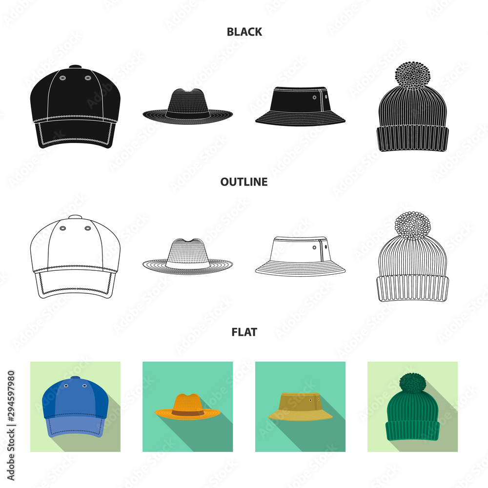 Vector illustration of headgear and cap sign. Set of headgear and accessory stock vector illustration. Vector illustration of headgear and cap sign. Set of headgear and accessory stock vector illustration.