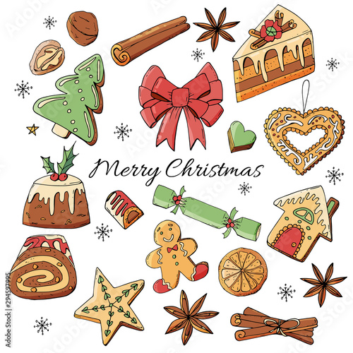 Christmas winter desserts, food and decoration isolated on white background.