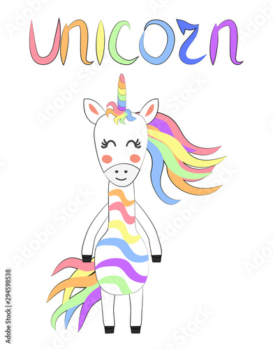 Fashion cute unicorn. Scandinavian style print design, greeting card, baby shower.