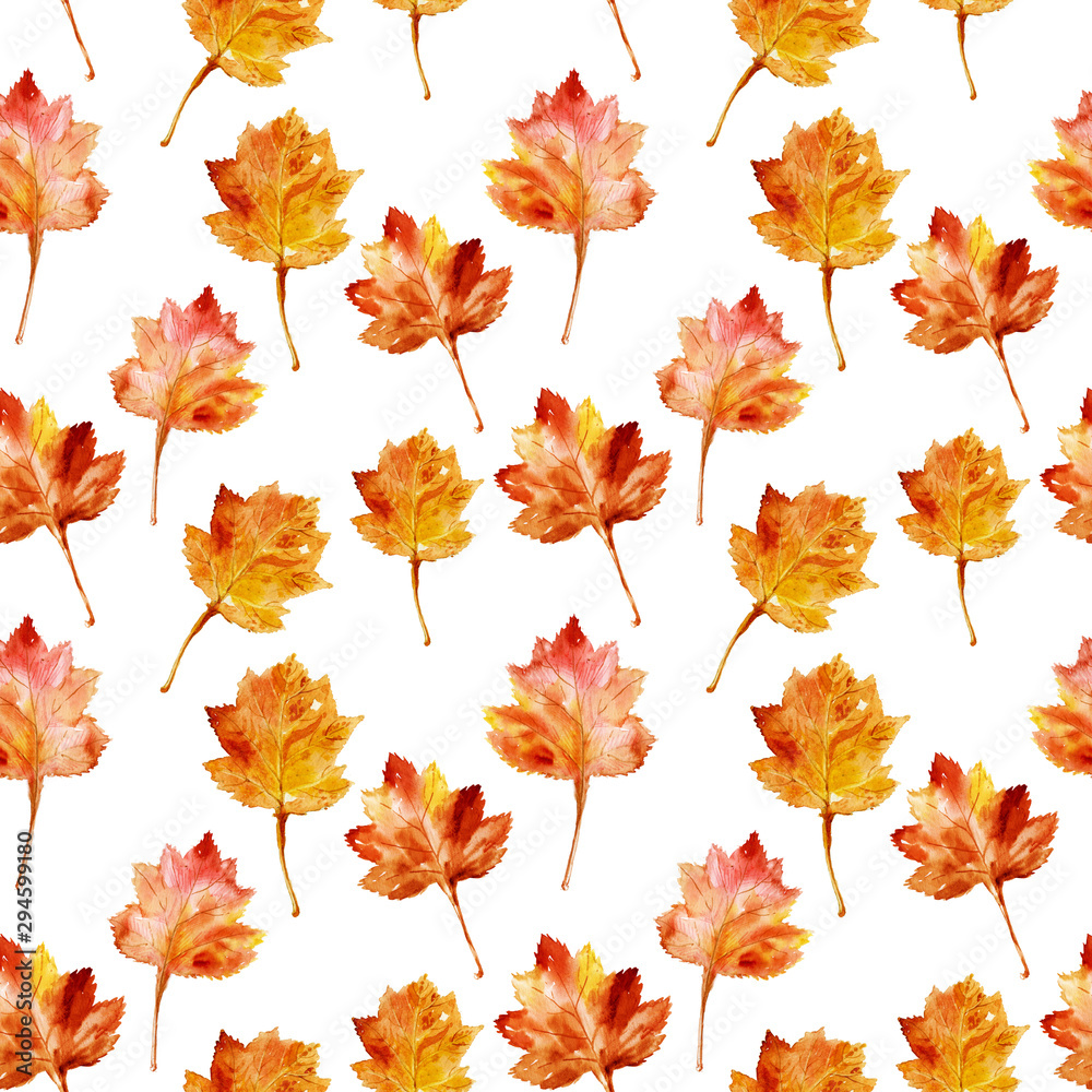 Watercolor illustration. Seamless pattern of hand-drawn leaf on the white background.