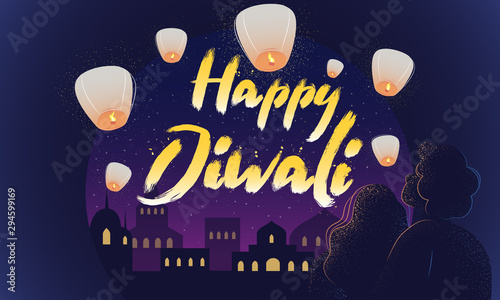 Happy Diwali colorful vector postcard template. Horizontal banner with lighting text and night Indian city and view and flying sky lanterns. Deepawali or Dipawali Hindu festival of lights.