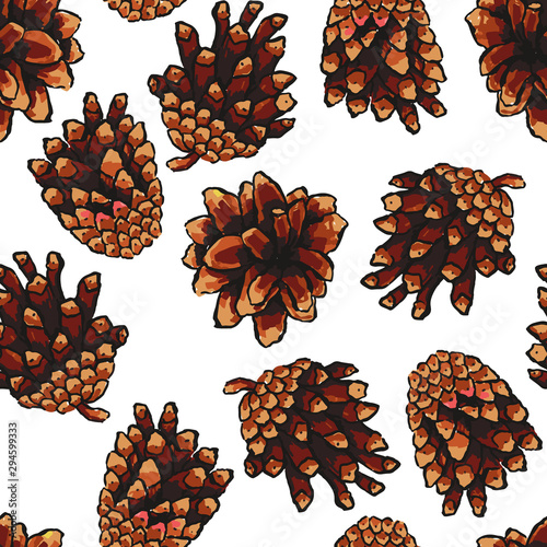 Pine cones seamless pattern on pink background. Vector