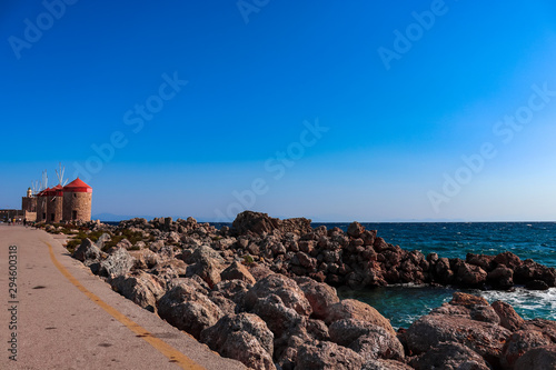 View of the bay and three mills - a symbol of Rhodes