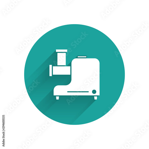 White Kitchen meat grinder icon isolated with long shadow. Green circle button. Vector Illustration