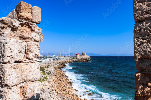 View of the port of Mandraki, the mills and the fort of St. Nicholas from the wall of the defensive fortress, Rhodes