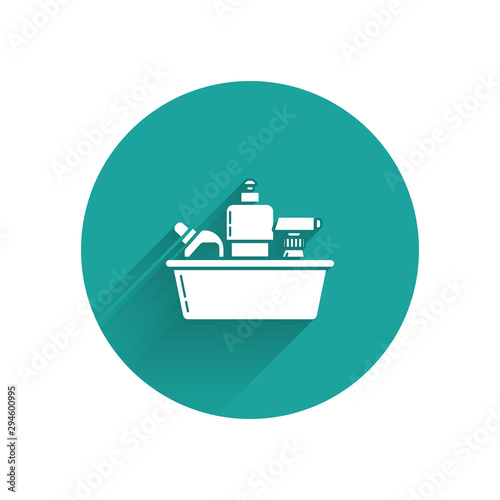 White Plastic bottles for liquid laundry detergent, bleach, dishwashing liquid or another cleaning agent icon isolated with long shadow. Green circle button. Vector Illustration