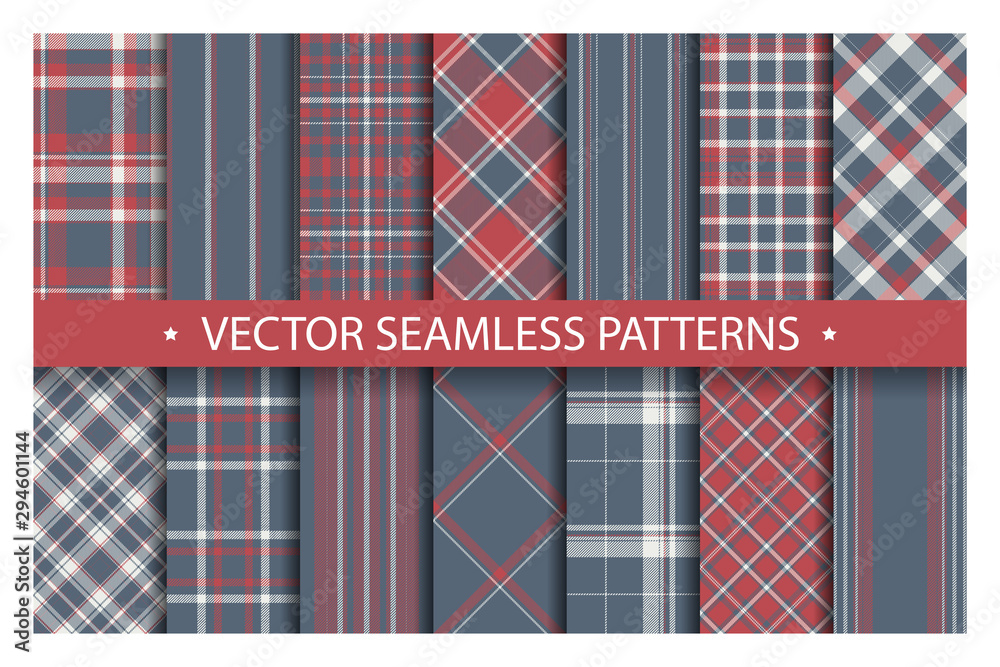 Tartan set pattern seamless plaid vector. Geometric background fabric  texture. Modern check fashion template for textile print, wrapping paper, gift  card, wallpaper flat design. Stock Vector