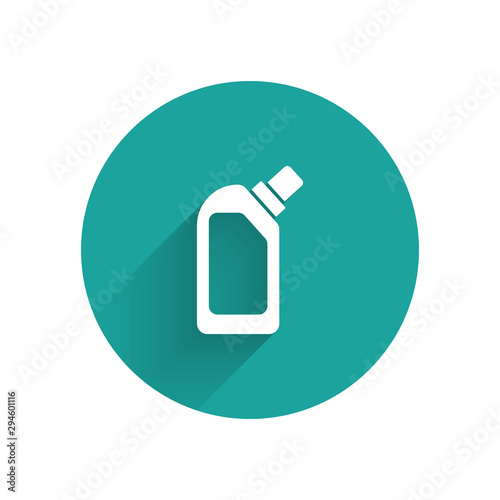 White Plastic bottle for liquid laundry detergent, bleach, dishwashing liquid or another cleaning agent icon isolated with long shadow. Green circle button. Vector Illustration