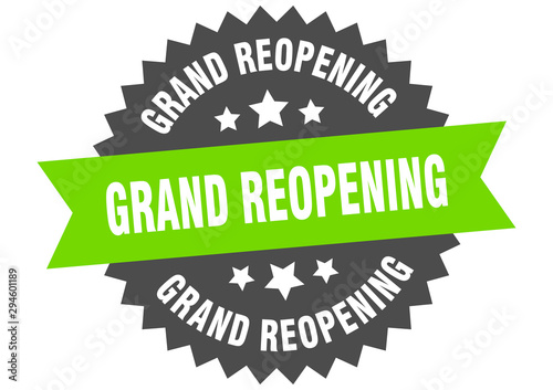 grand reopening sign. grand reopening green-black circular band label