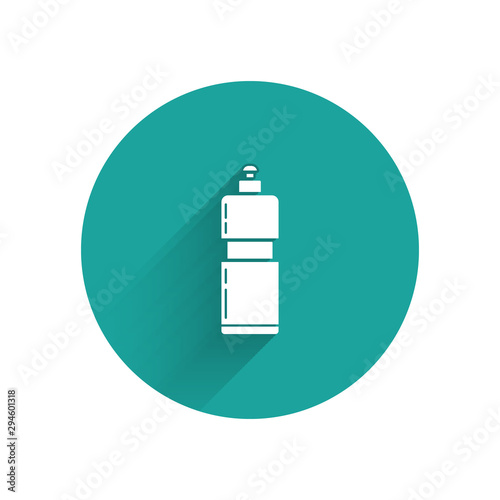 White Plastic bottle for liquid laundry detergent, bleach, dishwashing liquid or another cleaning agent icon isolated with long shadow. Green circle button. Vector Illustration
