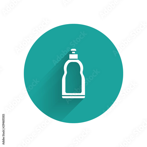 White Plastic bottle for liquid laundry detergent, bleach, dishwashing liquid or another cleaning agent icon isolated with long shadow. Green circle button. Vector Illustration