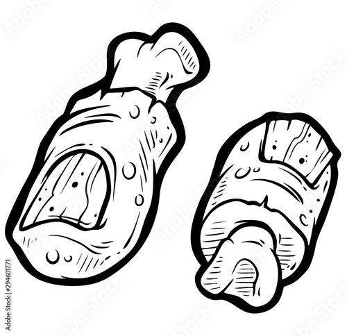 Cartoon graphic black and white hand drawn dead zombie fingers with bone. Isolated on white background. Halloween vector icon.