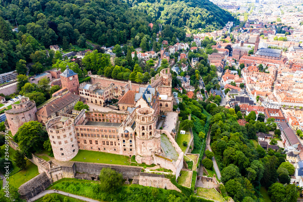 Fototapeta premium Aerial view, Heidelberg Castle and Old Town of Heidelberg with Neckar, Baden-Wuerttemberg, Germany,