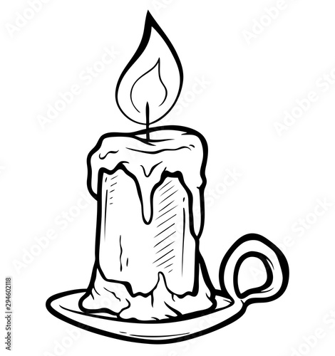 Cartoon graphic black and white hand drawn flaming candle on metal stand. Isolated on white background. Halloween vector icon.