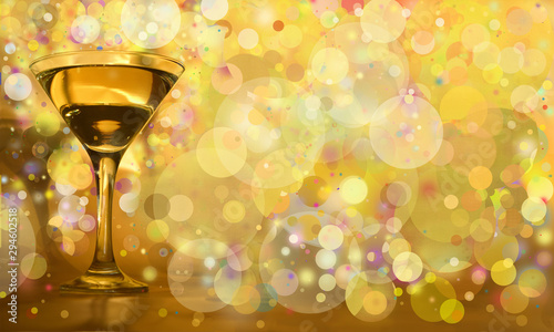 large golden sparkling card with a stemmed glass of golden wine, like champagne