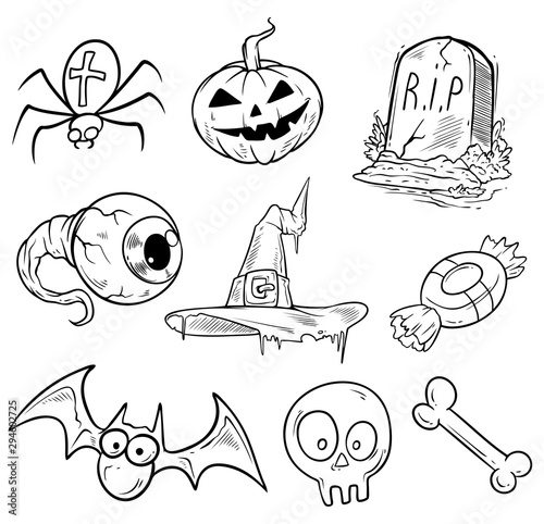 Cartoon halloween graphic black and white hand drawn monsters and objects. Bat and witch. Tomb and skull. Pumpkin and candy. Isolated on white background. Halloween vector icon set.