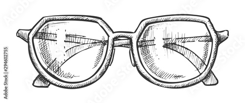 Glasses For Reading Accessory Monochrome Vector. Woman Diopter Optical Glasses For Myopia. Spectacles With Plastic Frame Engraving Template Hand Drawn In Vintage Style Black And White Illustration