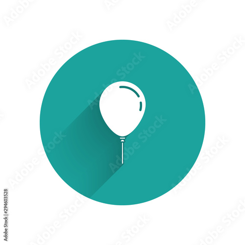 White Balloon with ribbon icon isolated with long shadow. Green circle button. Vector Illustration