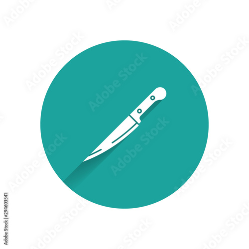 White Knife icon isolated with long shadow. Cutlery symbol. Green circle button. Vector Illustration