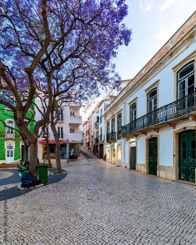 Fototapeta premium Ulica na starym mieście w centrum Lagos, region Algarve, Portugalia. Wąska ulica w Lagos, Algarve, Portugalia. Ulice na historycznym starym mieście Lagos, Algarve, Portugalia.