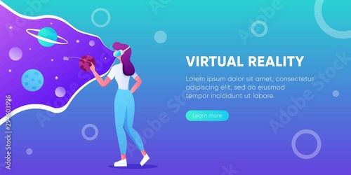 Young woman with VR headset in space. Virtual reality for education and games. Flat cartoon vector illustration. Girl flying in cyberspace interacting with imaginary universe. For banner, landing page