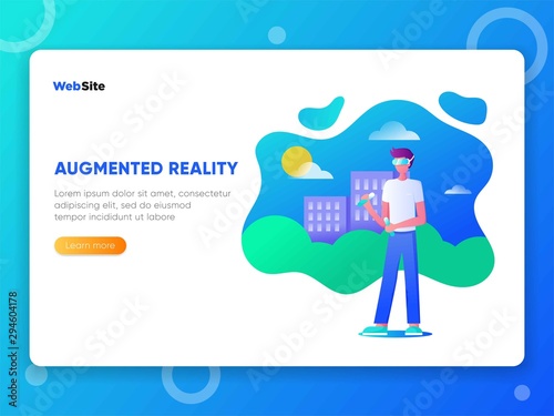 Man wearing virtual reality glasses, Innovation play device headset. Virtual travel route. Guy in helmet immersing in vr world holding motion controllers vector illustration. For banner, landing page