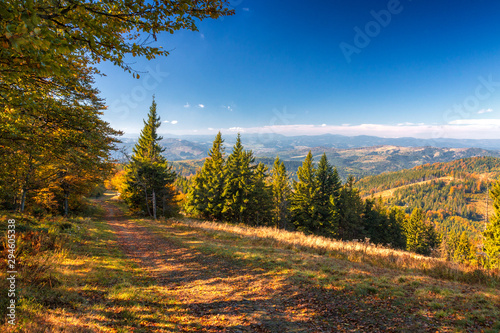 Mountain landscape with forests in autumn colors. Kysuce region in the north of Slovakia, Europe.