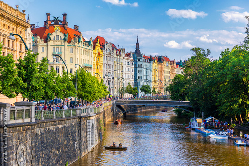 Photography Scenic embankment in Prague city; Historical center of Prague, buildings and landmarks of old town, Prague, Czech Republic