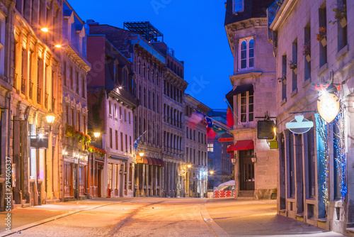 Old town Montreal at famous Cobbled streets at twilight
