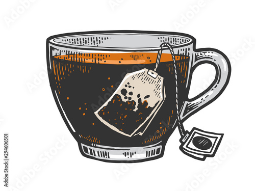 Cup of tea with tea bag sketch engraving vector illustration. Scratch board style imitation. Black and white hand drawn image.