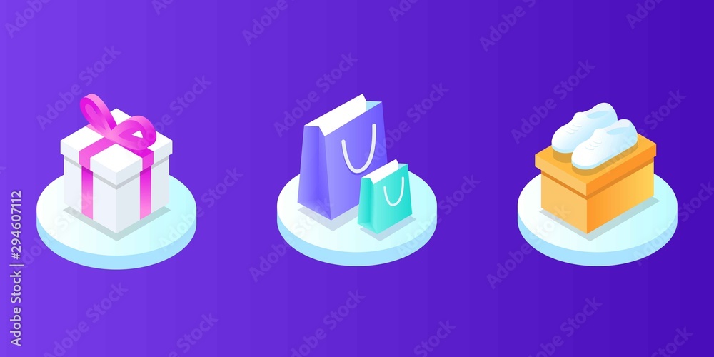 Online Mobile shopping elements isometric isolated icon set. Can use for web banner, infographics, hero images. Phone, cart, money, box, bag, clothes, credit card, sale, fast delivery, coupon discount