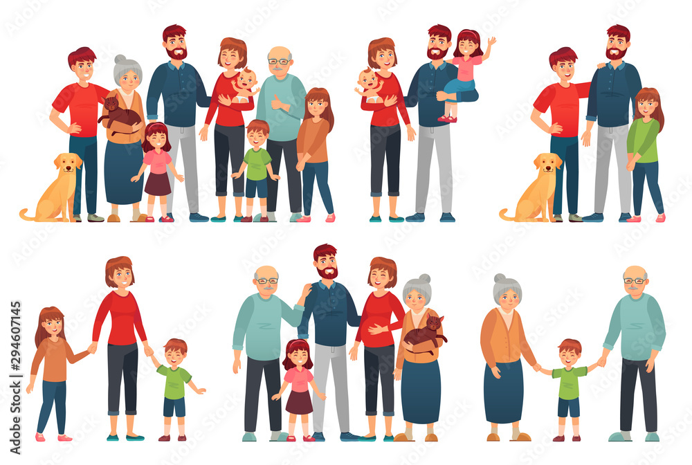 Cartoon family portraits. Happy parents and children portrait, old grandmother and grandfather. Big family, senior and teenager generations families together. Isolated vector illustration icons set