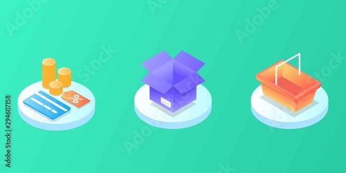 Online Mobile shopping elements isometric isolated icon set. Can use for web banner, infographics, hero images. Phone, cart, money, box, bag, clothes, credit card, sale, fast delivery, coupon discount