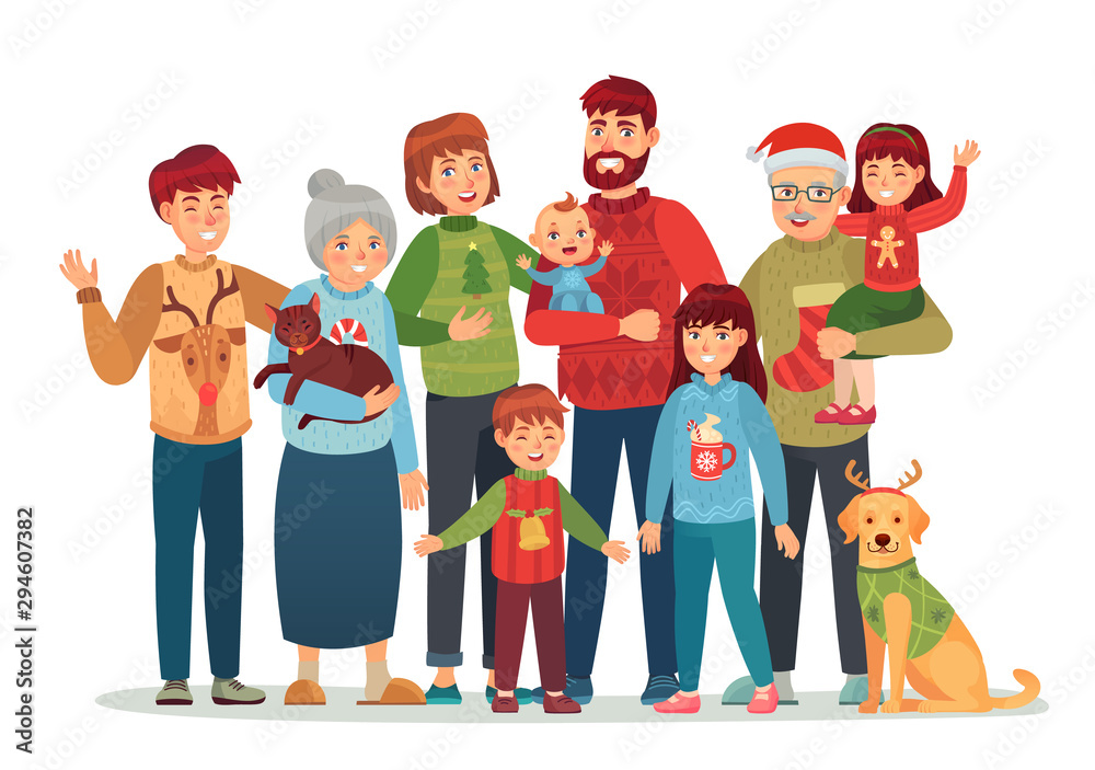 Christmas family portrait. Happy xmas holiday people, big family in ugly  sweaters. Holiday greeting card, character together for new year gift  poster isolated cartoon vector illustration Stock Vector | Adobe Stock