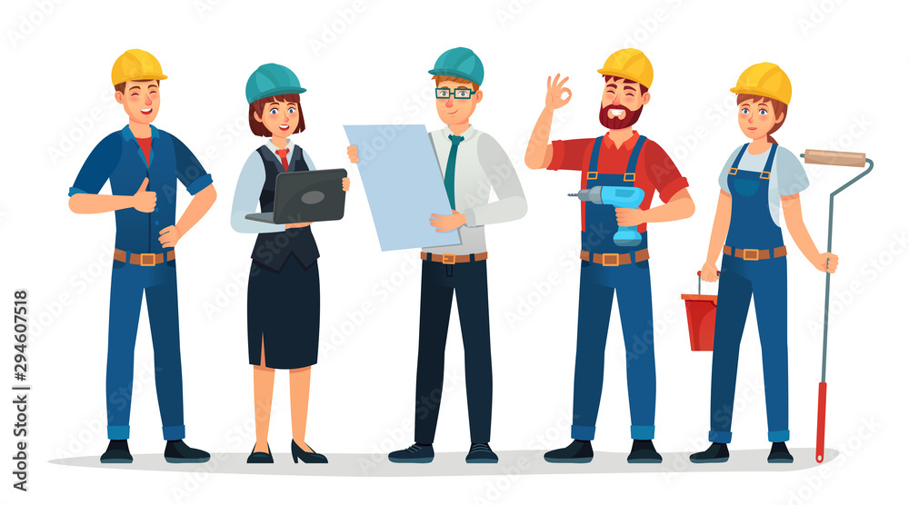 Technician workers and engineers team. Technicians people group, engineering worker and construction. Industrial engineers workers, builders characters isolated cartoon vector illustration Technician workers and engineers team. Technicians people group, engineering worker and construction. Industrial engineers workers, builders characters isolated cartoon vector illustration