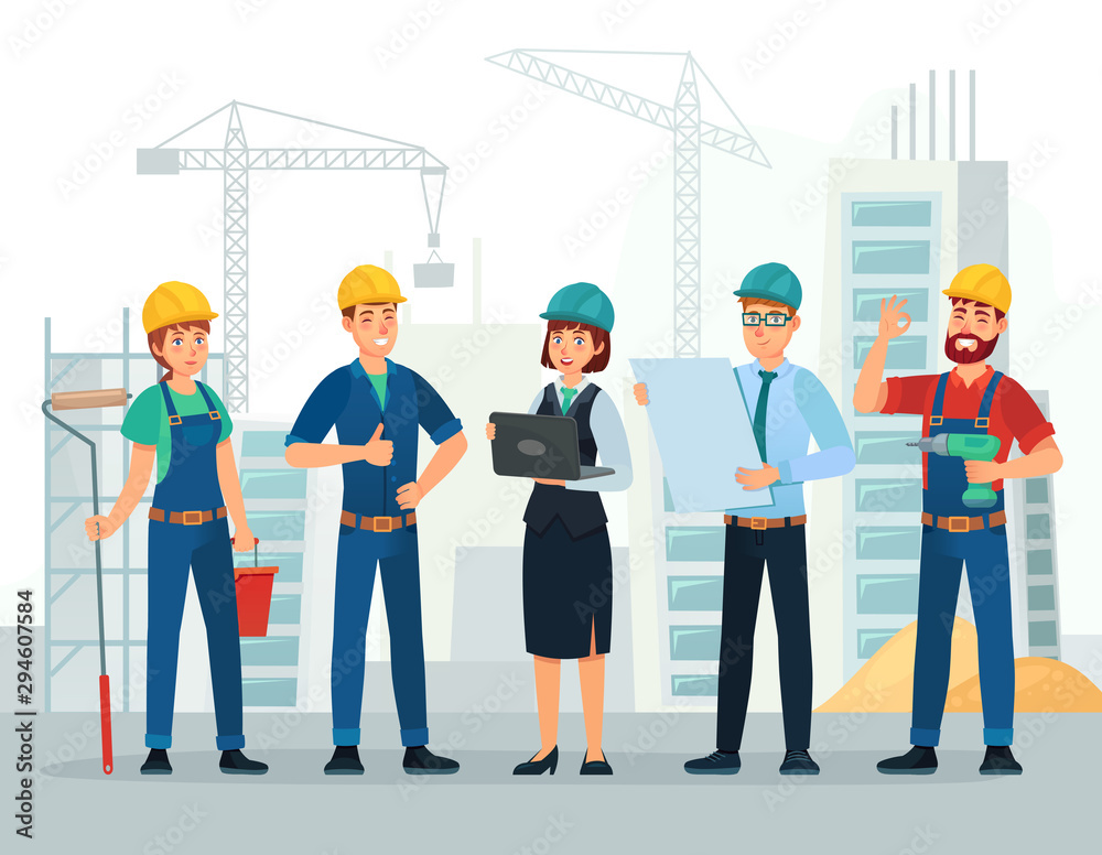 Construction team. Engineering and constructions workers, building