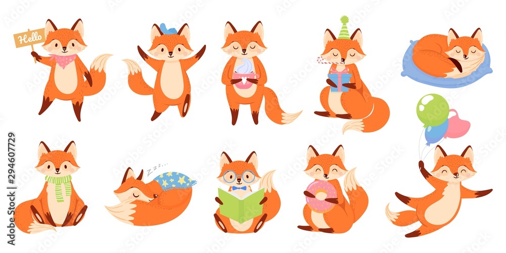 Cartoon fox mascot. Funny animal character, cute red foxes with black paws.  Foxy mammal, clever fur predator animal or forest funny fox. Isolated  vector illustration icons set Stock Vector | Adobe Stock