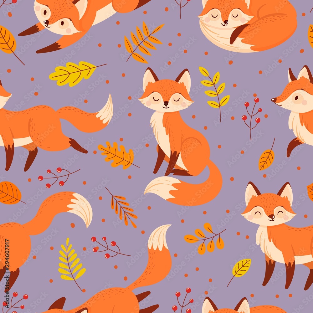 Seamless Foxes Pattern Autumn Fox Cute Orange Animal Poster Golden Season Foxy With Leaf Greeting Card Pattern Foxes Character Mascot Wallpaper Or Wrapping Cartoon Vector Illustration Stock Vector Adobe Stock