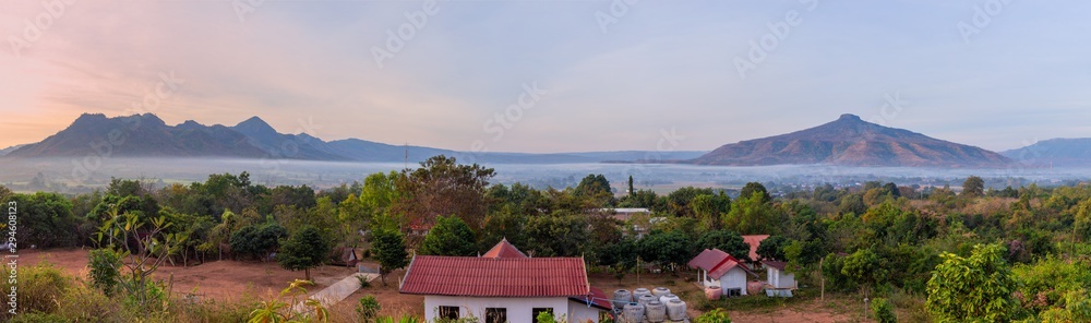 Fototapeta premium panoramic view of sunrise with clear sky on Mountain,Phu Luang District, Thailand