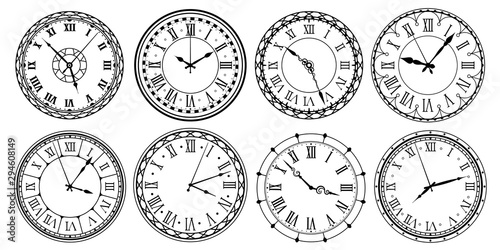 Vintage clock face. Retro clocks watchface with roman numerals, ornate watch and antic watches design. Antique elegant hour time clock. Isolated vector illustration icons set