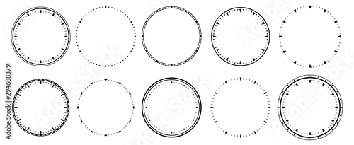 Clock faces. Vintage clocks bezel, seconds timer and 12 hours watch round scale. Clocks frames silhouette, deadline hour stopwatch face. Isolated vector symbols set