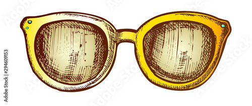 Glasses Horn-rimmed Fashion Accessory Color Vector. Sun Protection Modern Glasses For Women. Elegance Classic Eyeglasses Engraving Template Hand Drawn In Vintage Style Illustration