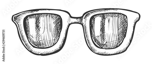 Glasses Horn-rimmed Stylish Accessory Ink Vector. Sun Protection Children Glasses. Classic Sunglasses With Plastic Frame Engraving Template Hand Drawn In Vintage Style Black And White Illustration