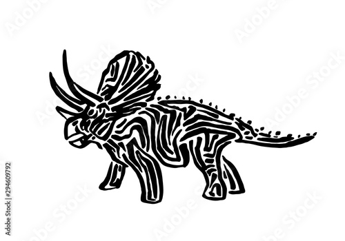 Ancient extinct jurassic triceratops dinosaur vector illustration ink painted, hand drawn grunge prehistoric reptile, black isolated silhouette on white background © Ekaterina