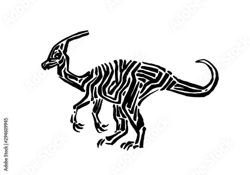 Ancient extinct jurassic parasaurolophus dinosaur vector illustration ink painted  hand drawn grunge prehistoric reptile  black isolated silhouette on white background