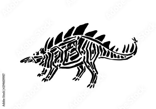 Fototapeta Naklejka Na Ścianę i Meble -  Ancient extinct jurassic hesperosaurus dinosaur vector illustration ink painted, hand drawn grunge prehistoric reptile, black isolated silhouette on white background