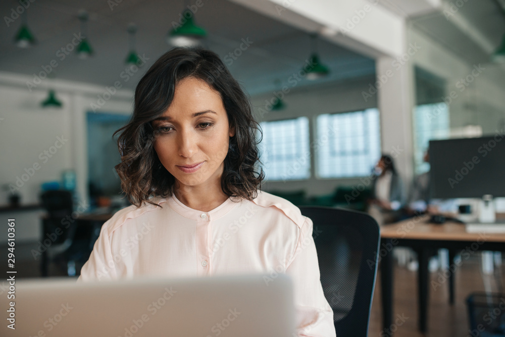 Smiling young businesswoman working on her laptop in an office