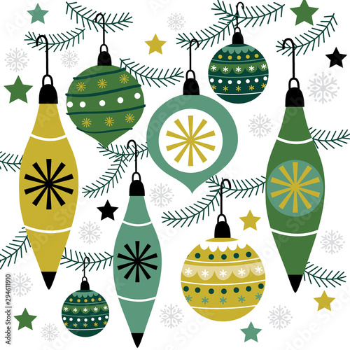 Decoration of Christmas baubles with gold and green color, hanging decoration, christmas card design