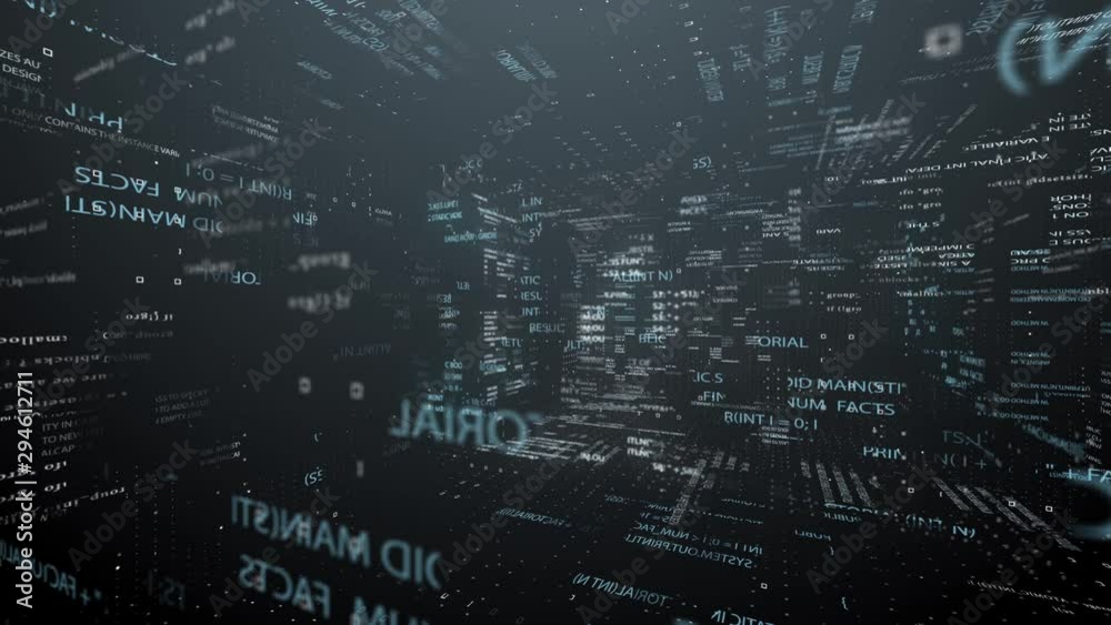 The camera flies 360 degrees around the code of a computer program in virtual space.