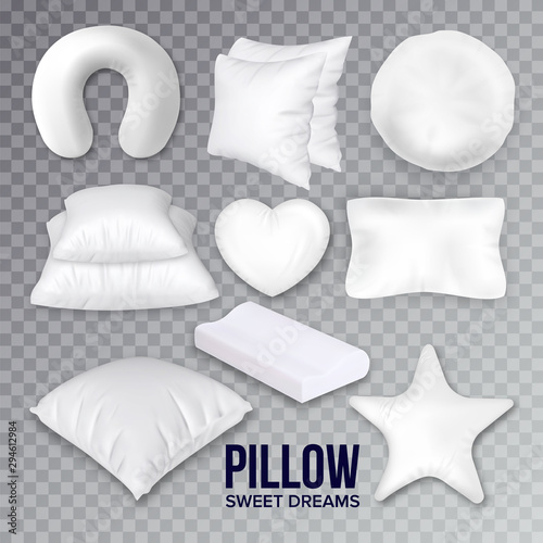Pillows For Sleeping In Different Form Set Vector. Collection Pillow In Classic And Heart, Star And Round Shapes. Decorative Bedroom Accessory For Comfort Sleep Template Realistic 3d Illustrations